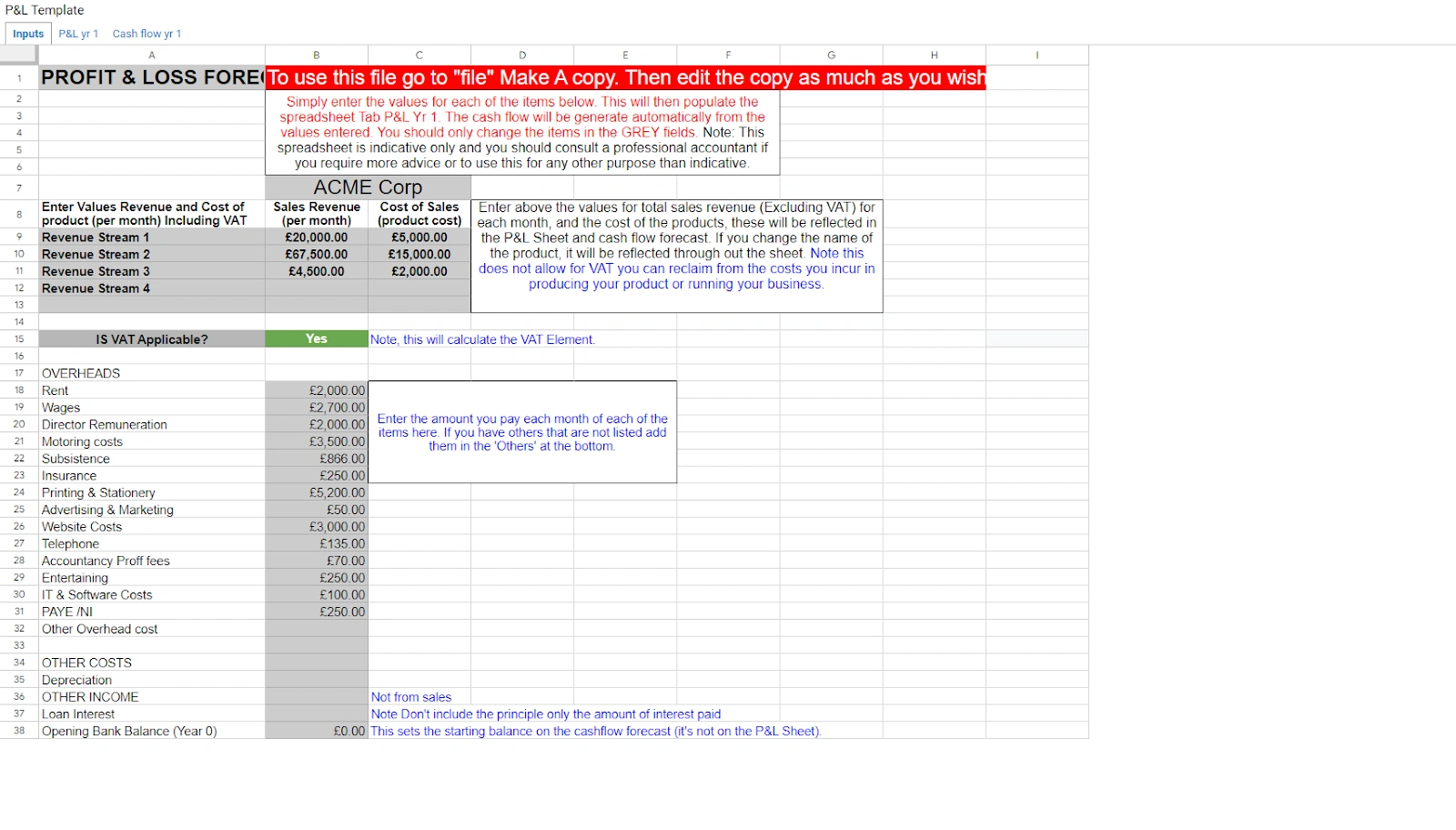 Profit and loss statement template