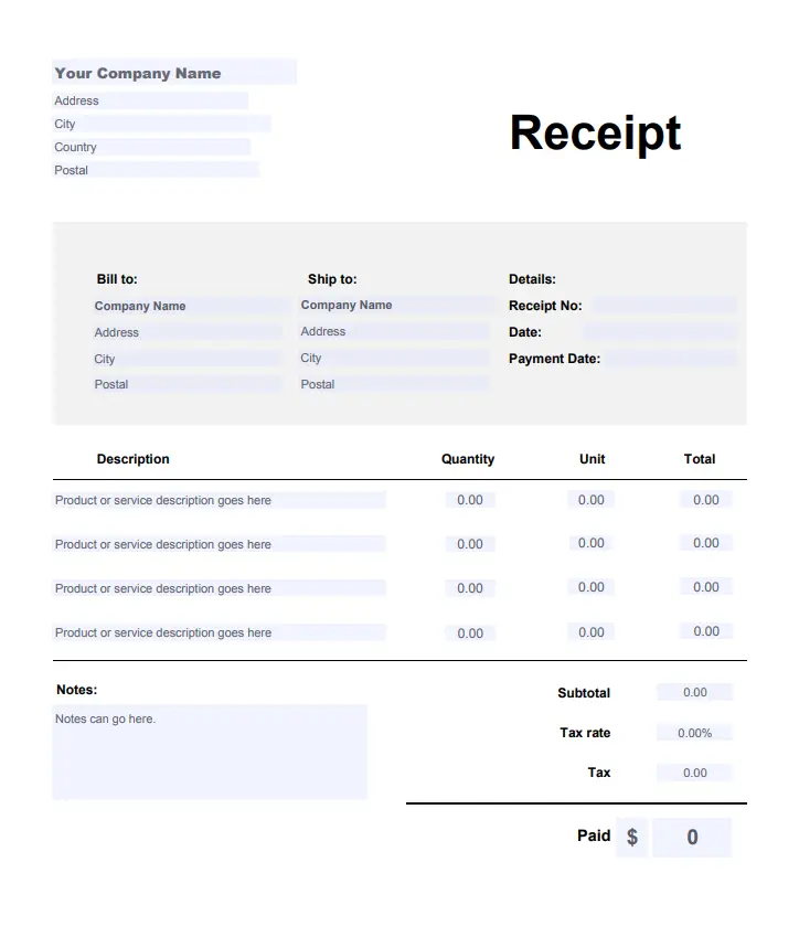 Construction receipt template by Invoice2go