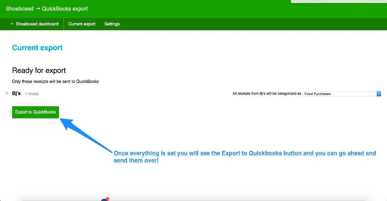 Step 4. Click the Export all to QuickBooks and you're done! Your receipts will be automatically sent to QuickBooks as general journal entries.
