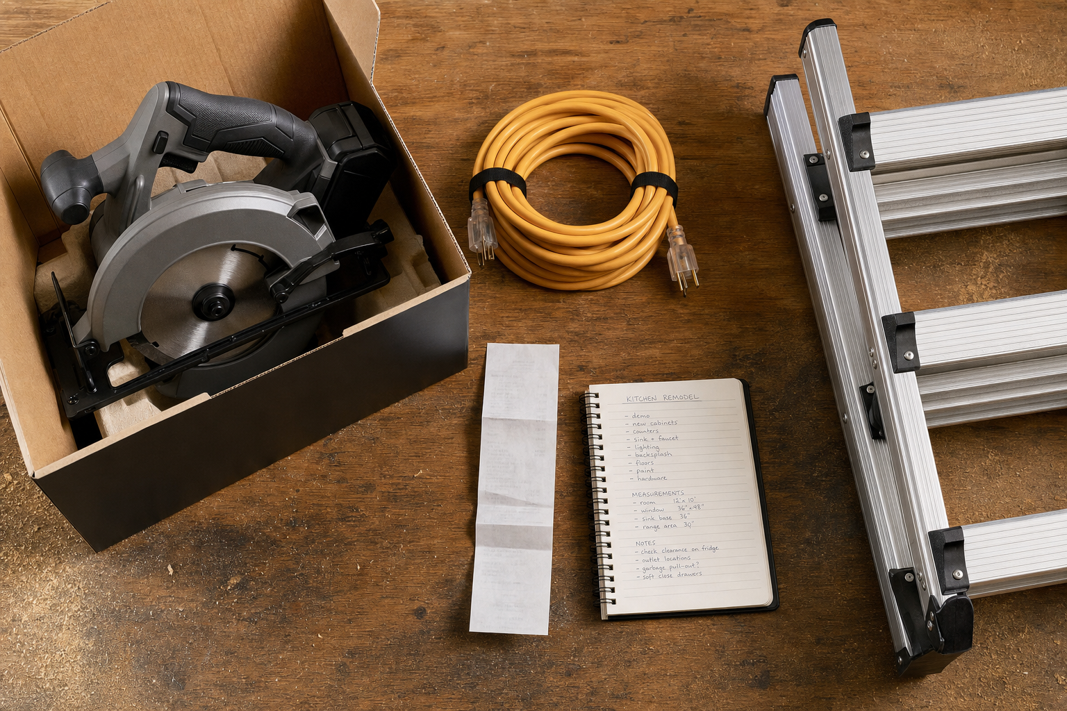 A flat-lay on a worn wooden workbench of a new cordless circular saw still in its box, a coiled heavy-duty extension cord, a folded aluminum stepladder, and a long paper hardware-store receipt placed next to a notebook with handwritten kitchen-remodel notes.