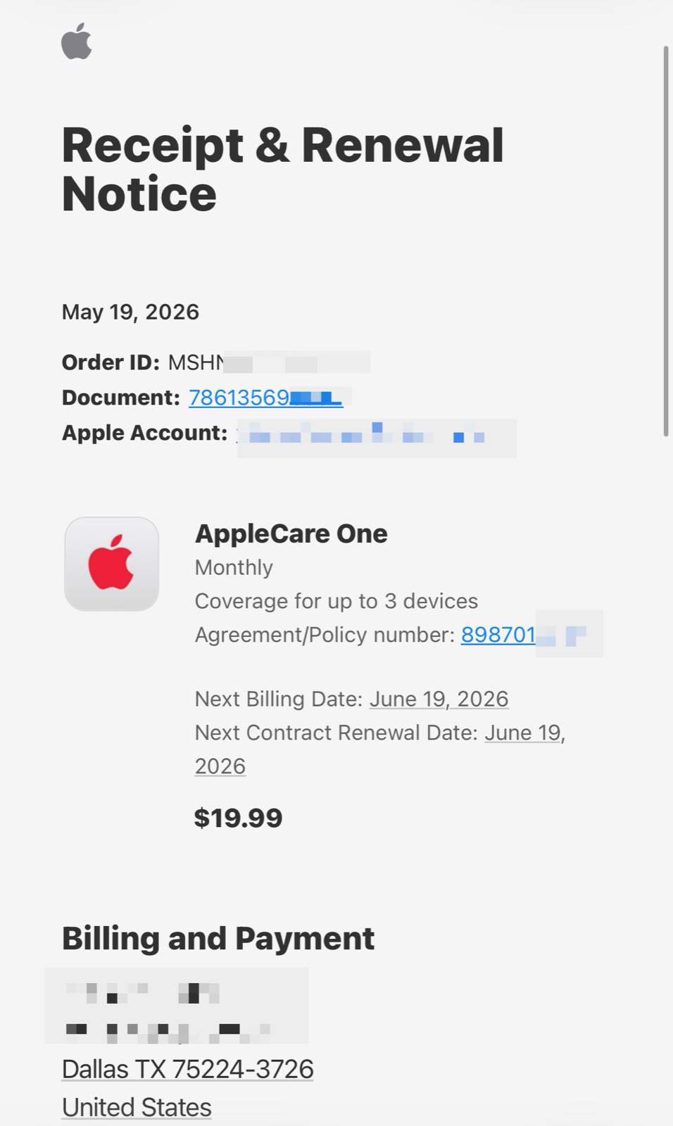 Real Apple receipt and renewal notice for AppleCare One monthly subscription at $19.99, saved to a Shoeboxed account and anonymized for this article