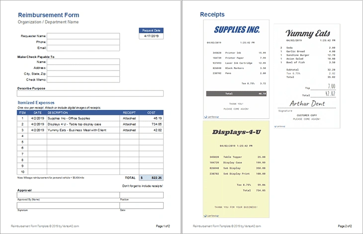 Reimbursement Form with Receipts by Vertex42