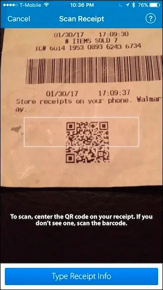 A printed receipt with a QR code to scan to save it into your Walmart app account, How To Geek