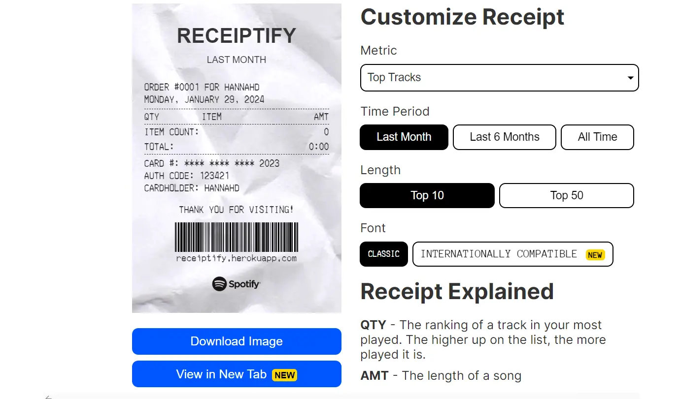Customize the Metric, Time Period, Length, and Font of your Receiptify Spotify receipt.
