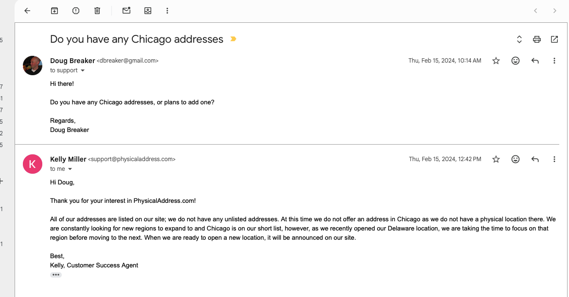 An email exchange between Doug and PhysicalAddress.com support asking about a Chicago address, with a 2.5-hour reply from a company executive