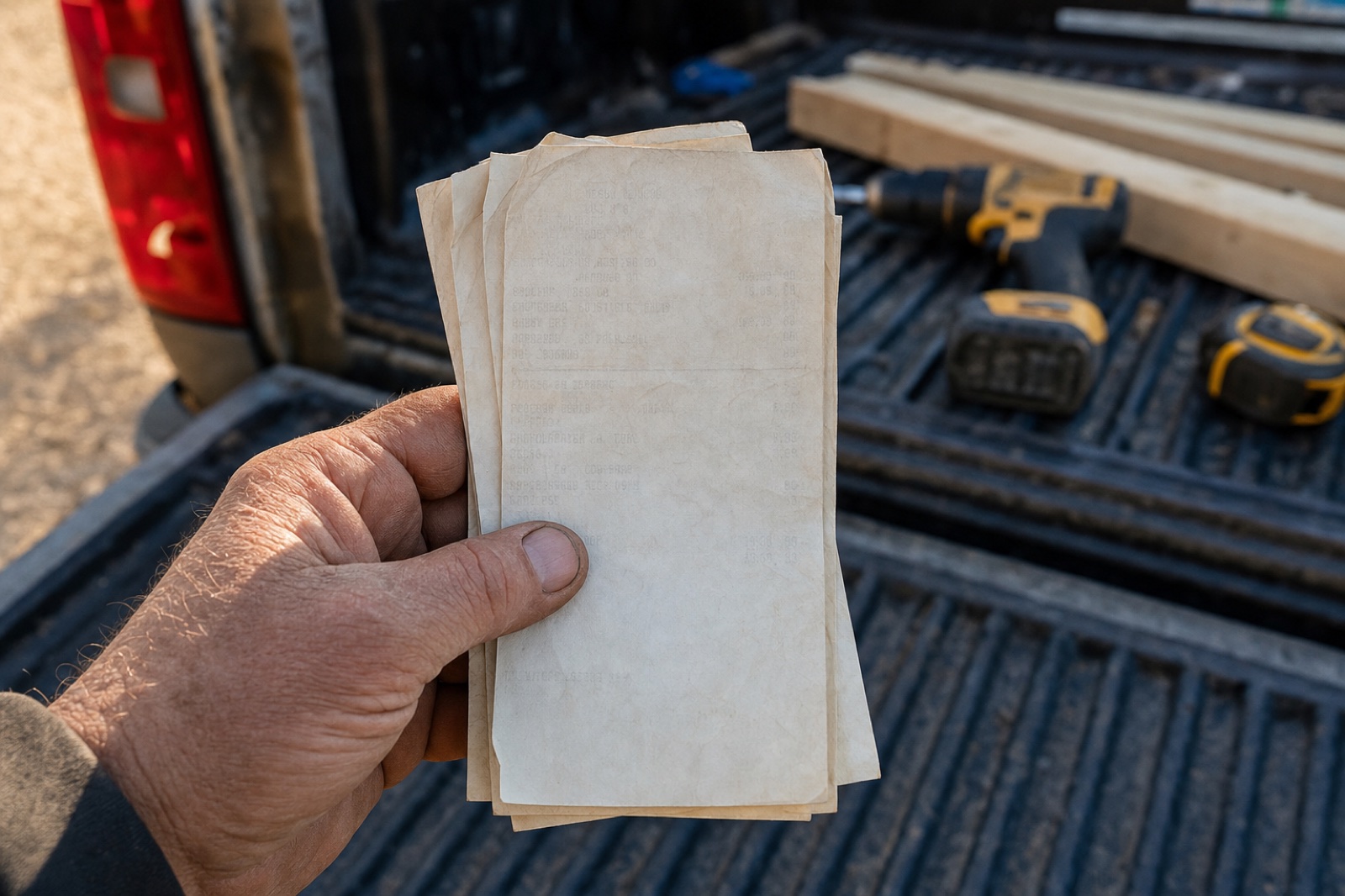 A stack of faded thermal-paper building-supply receipts in a contractor's hand over a truck tailgate.