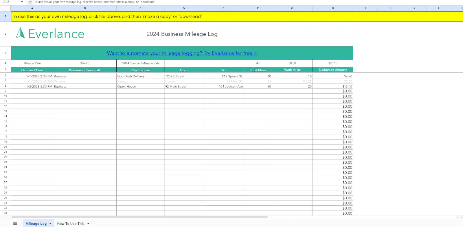 Everlance 2024 Free Mileage Log Template