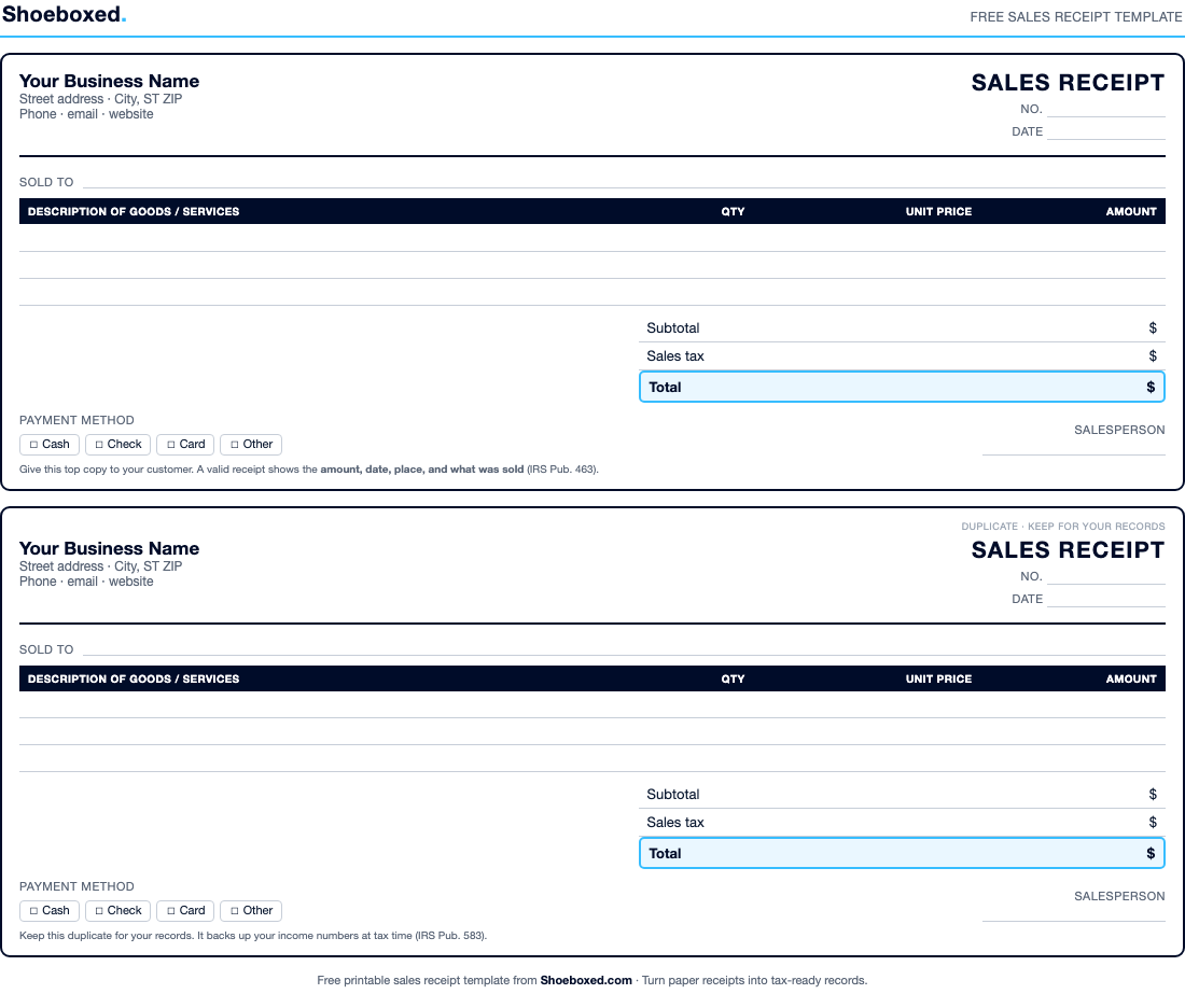 Preview of the free Shoeboxed sales receipt template showing a customer copy and a duplicate copy on one printable page.
