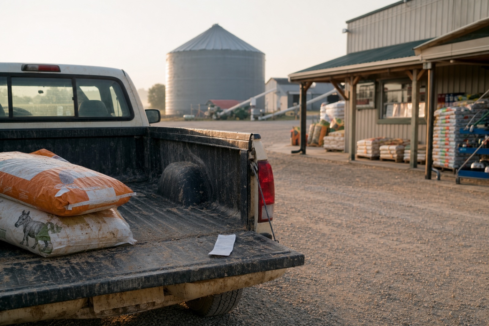 A farmer's pickup truck parked at a rural co-op feed store with feed sacks and a fuel receipt on the tailgate