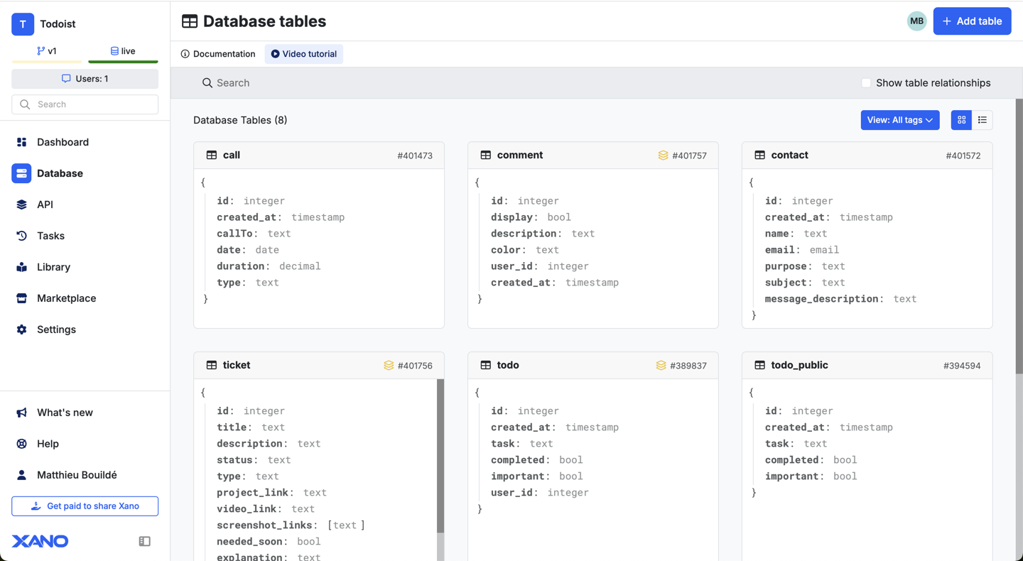 La vue 'Database de Xano'