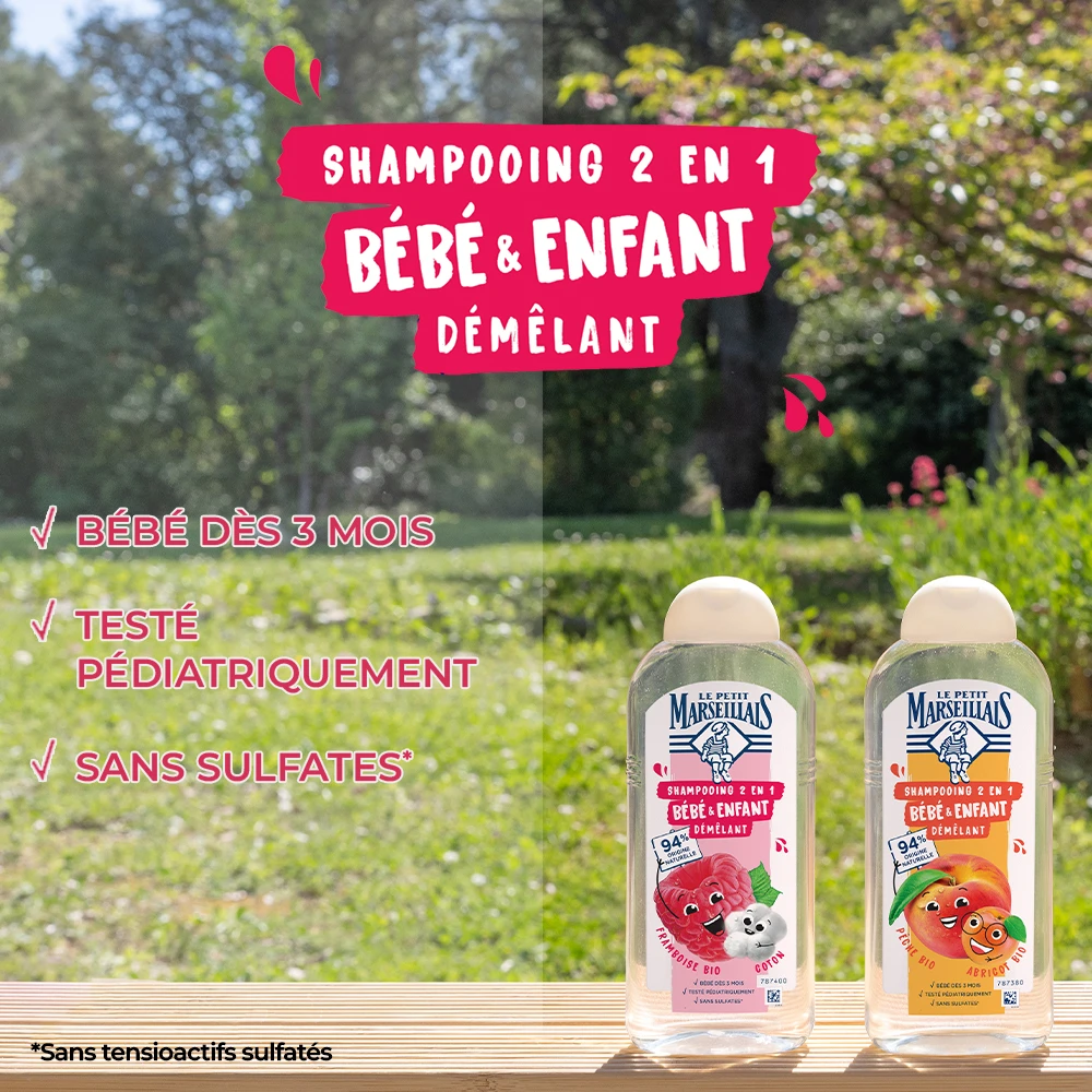 Shampooing 2 en 1 : nettoie et démêle les cheveux des tout-petits !