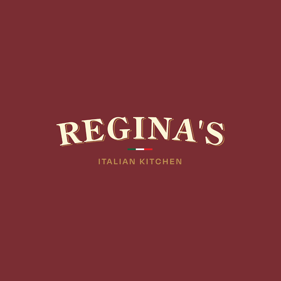 A logo reading Regina's Italian Kitchen in a tan font on a maroon background.