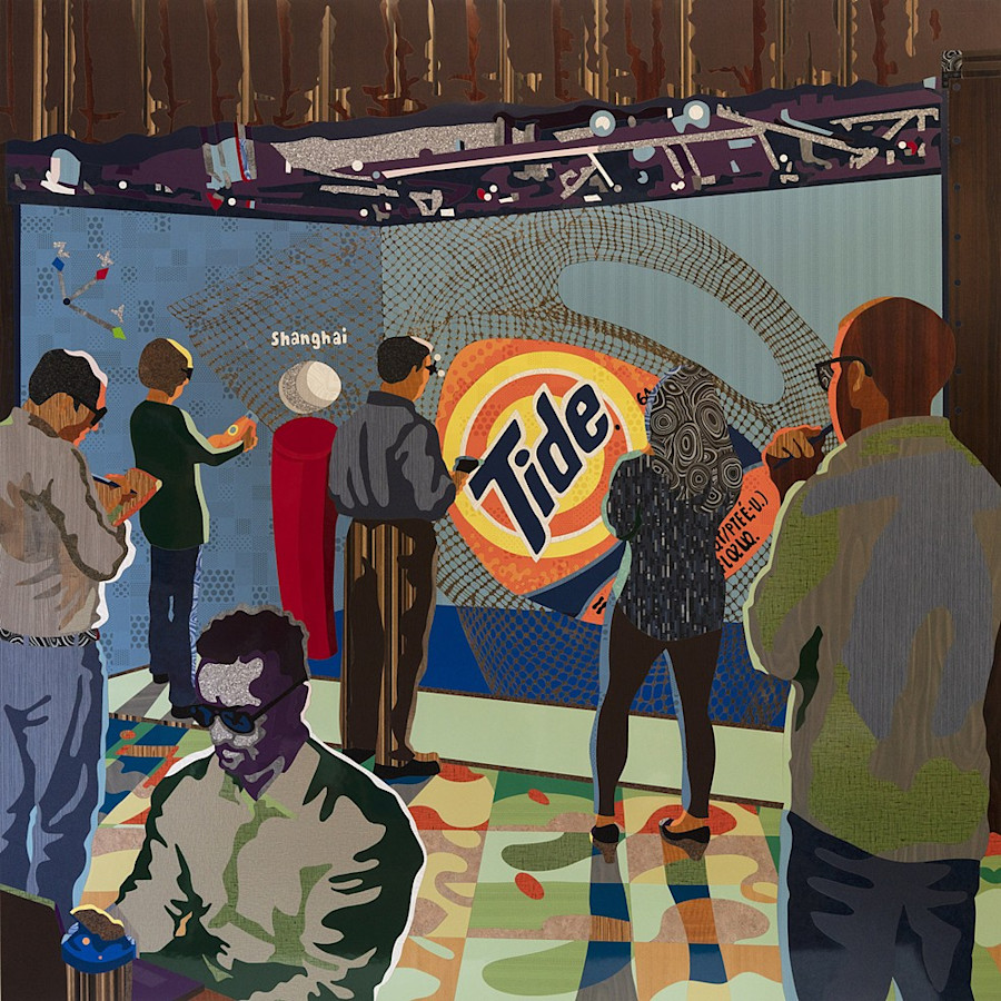A mural made of Formica that depicts people standing in front of a Tide laundry detergent ad.