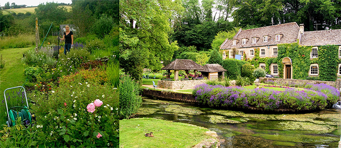 Left Sally pictured in a garden Right A garden in the Cotswolds village of Bibury is stunning