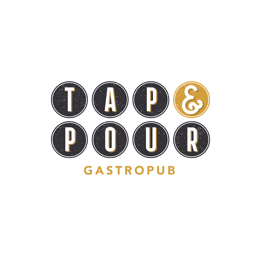 A photo of the Tap & Pour logo with each letter in a black circle.