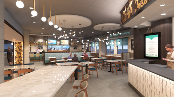 A rendering of VV The Italian Experience. It is an open floor plan restaurant with bright lighting and a marble bar on the left.