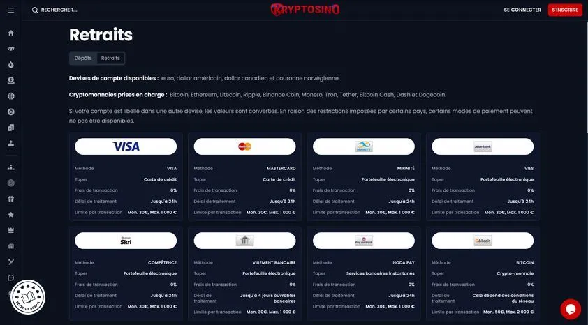 kryptosino moyen de retrait