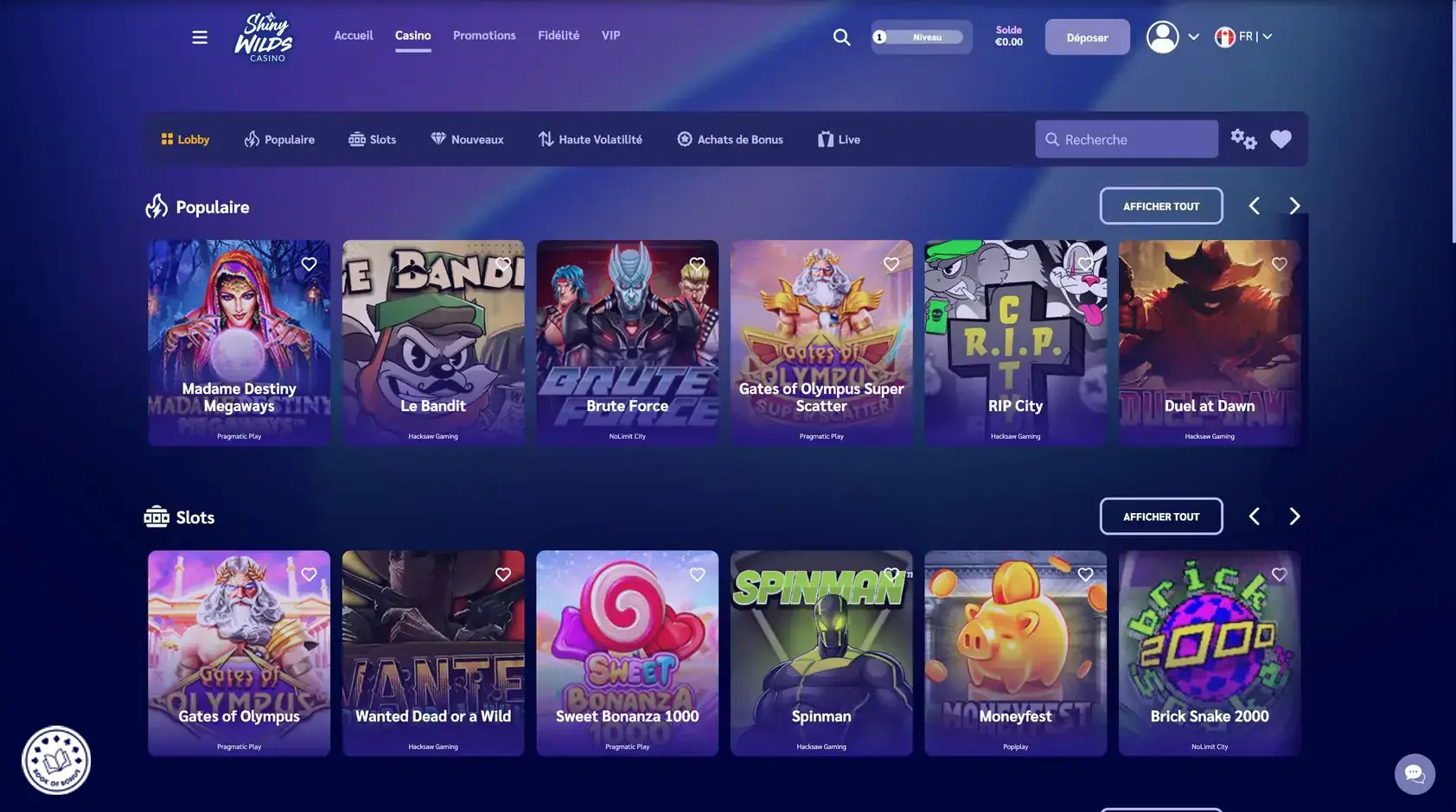 shiny wilds casino interface