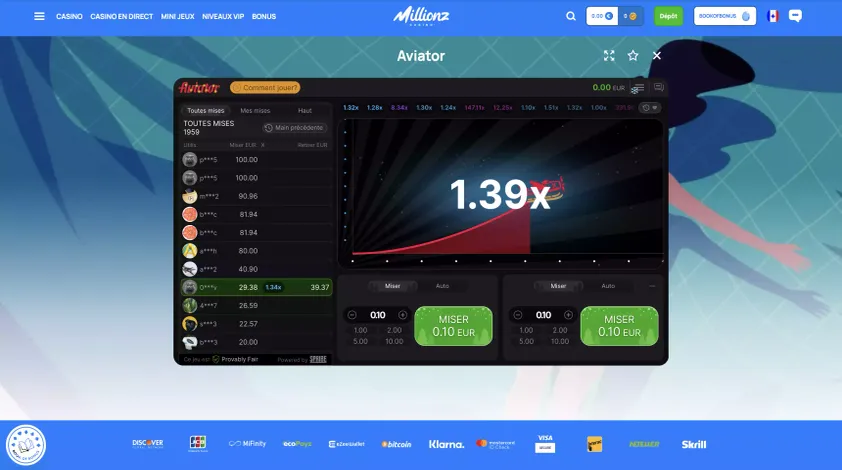 jouer a aviator casino sur millionz casino