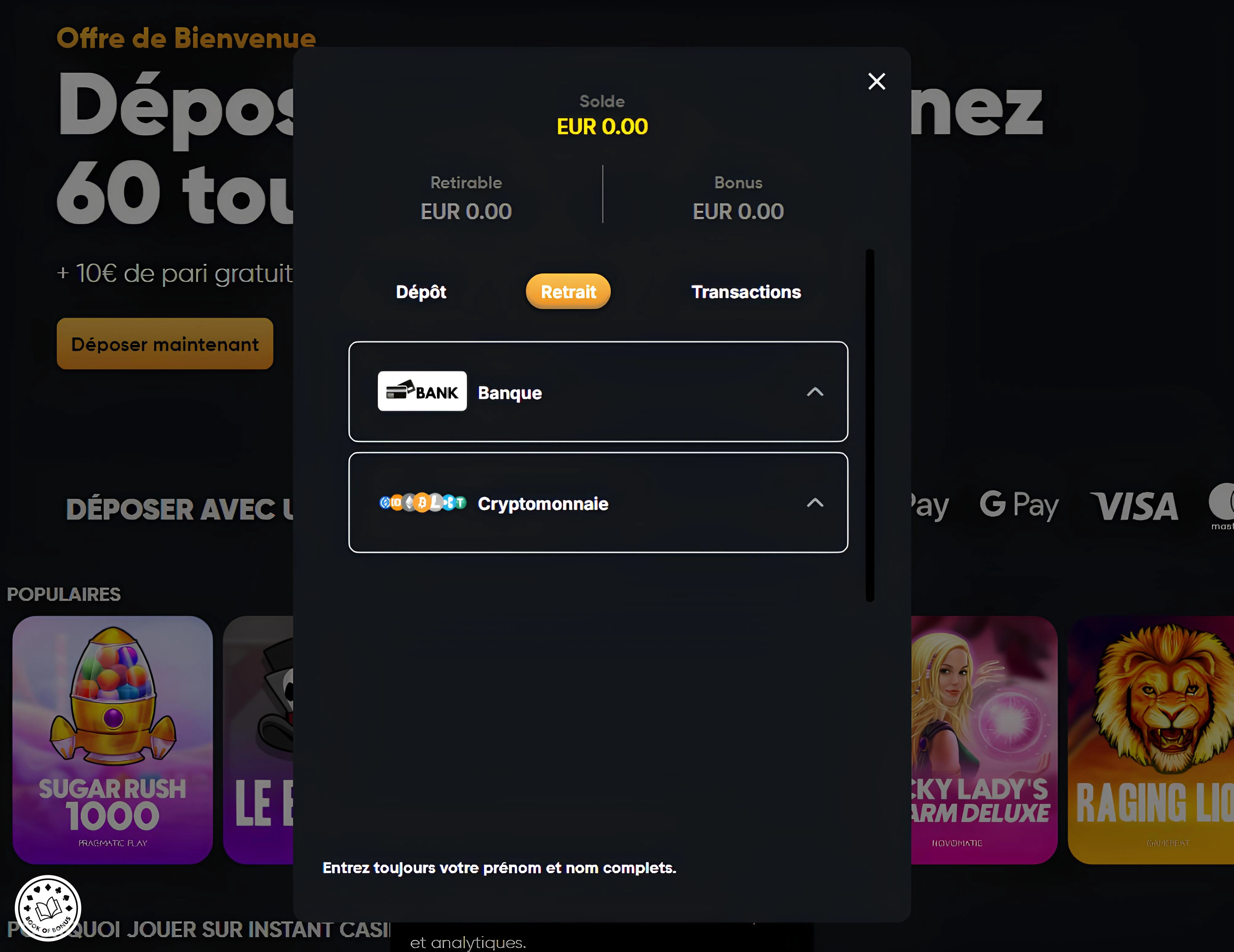 comment retirer sur Instant Casino