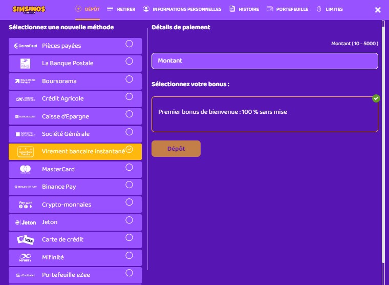 Comment déposer de l'argent sur le casino en ligne Simsinos ?