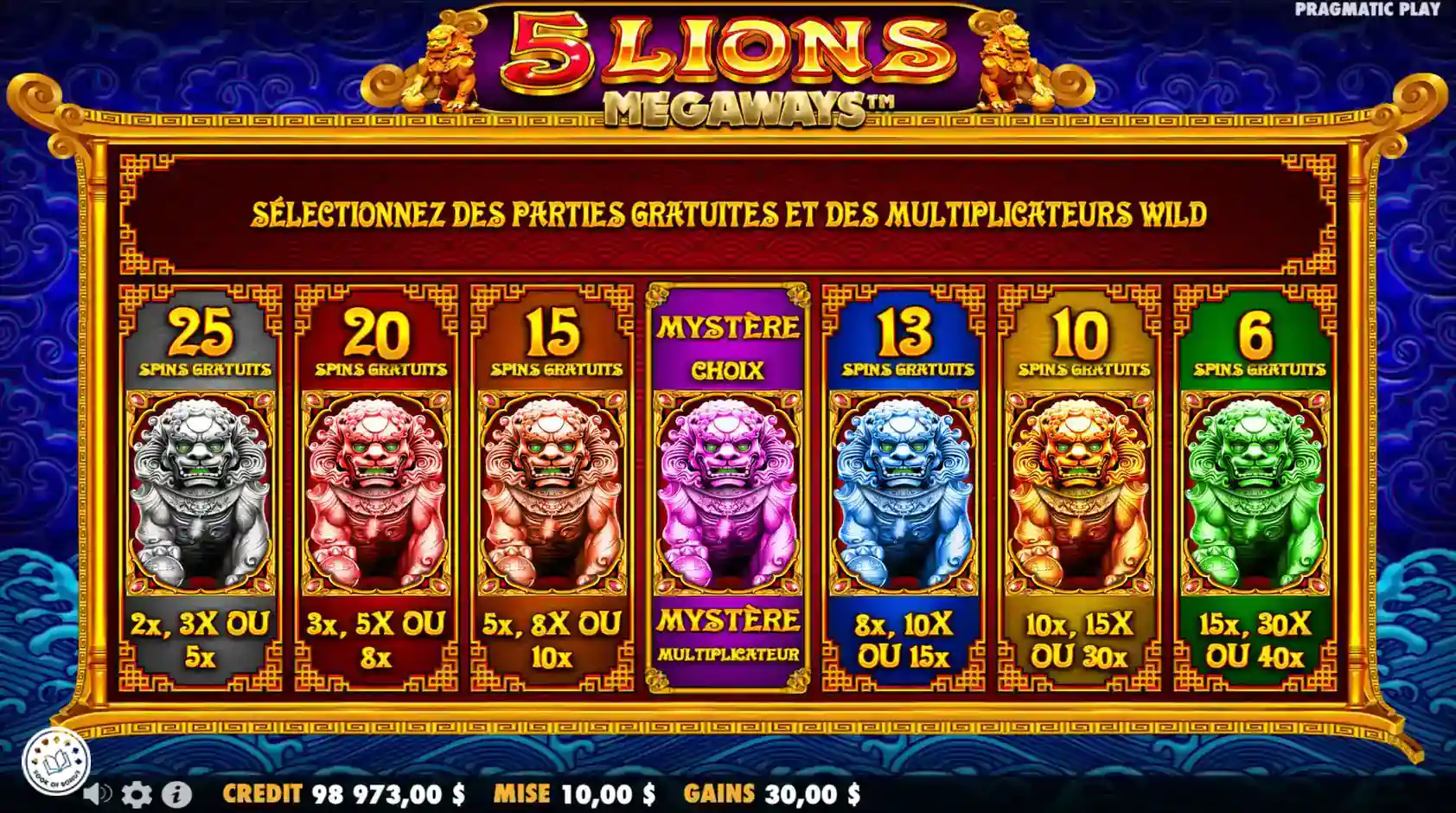 5 lions megaways choix bonus