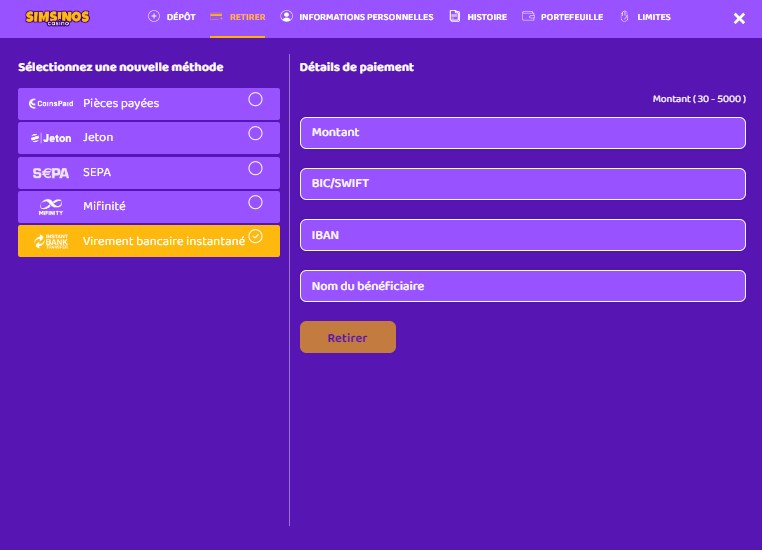 Comment retirer de l'argent sur le casino en ligne Simsinos ?