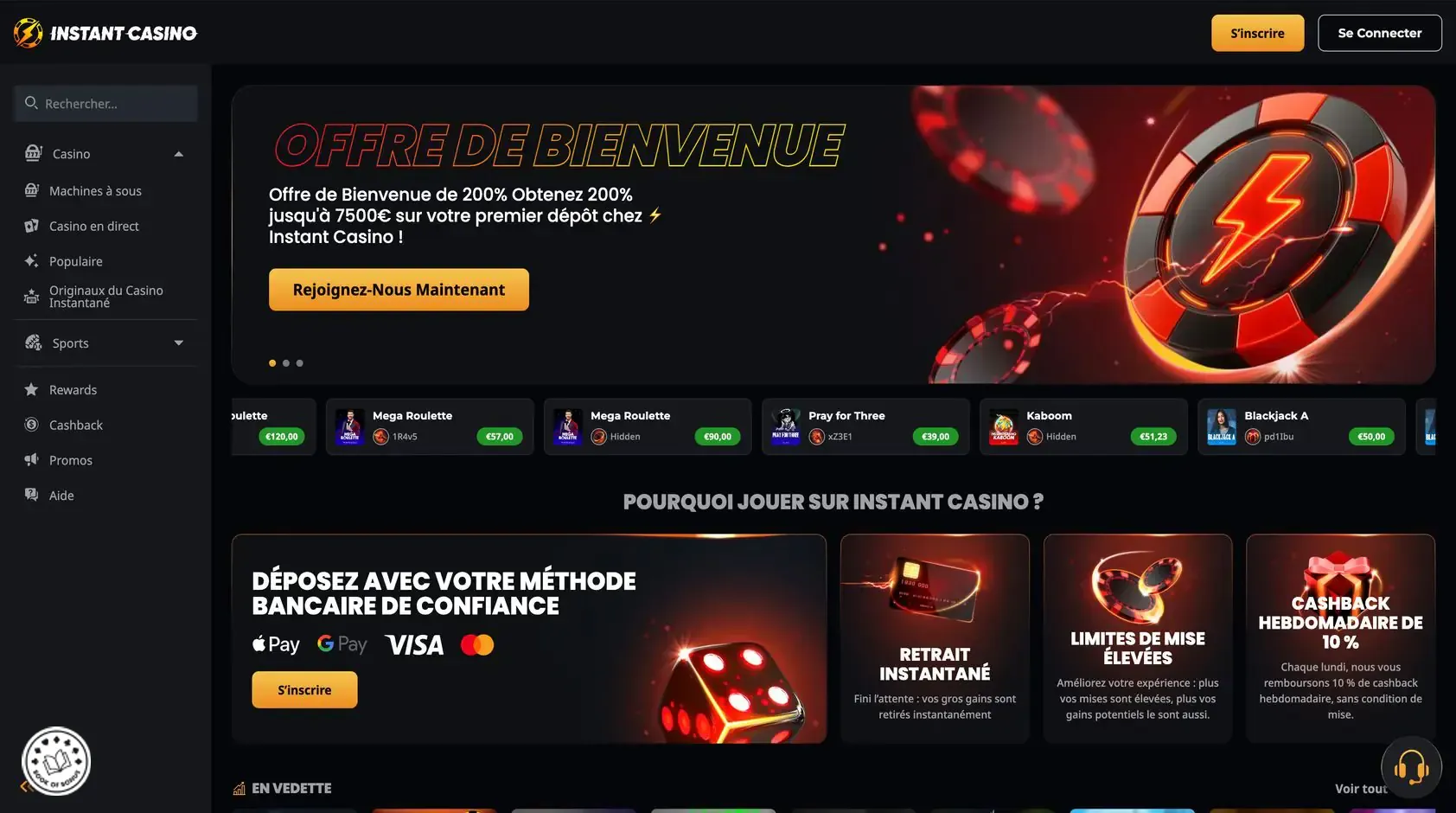instant casino interface