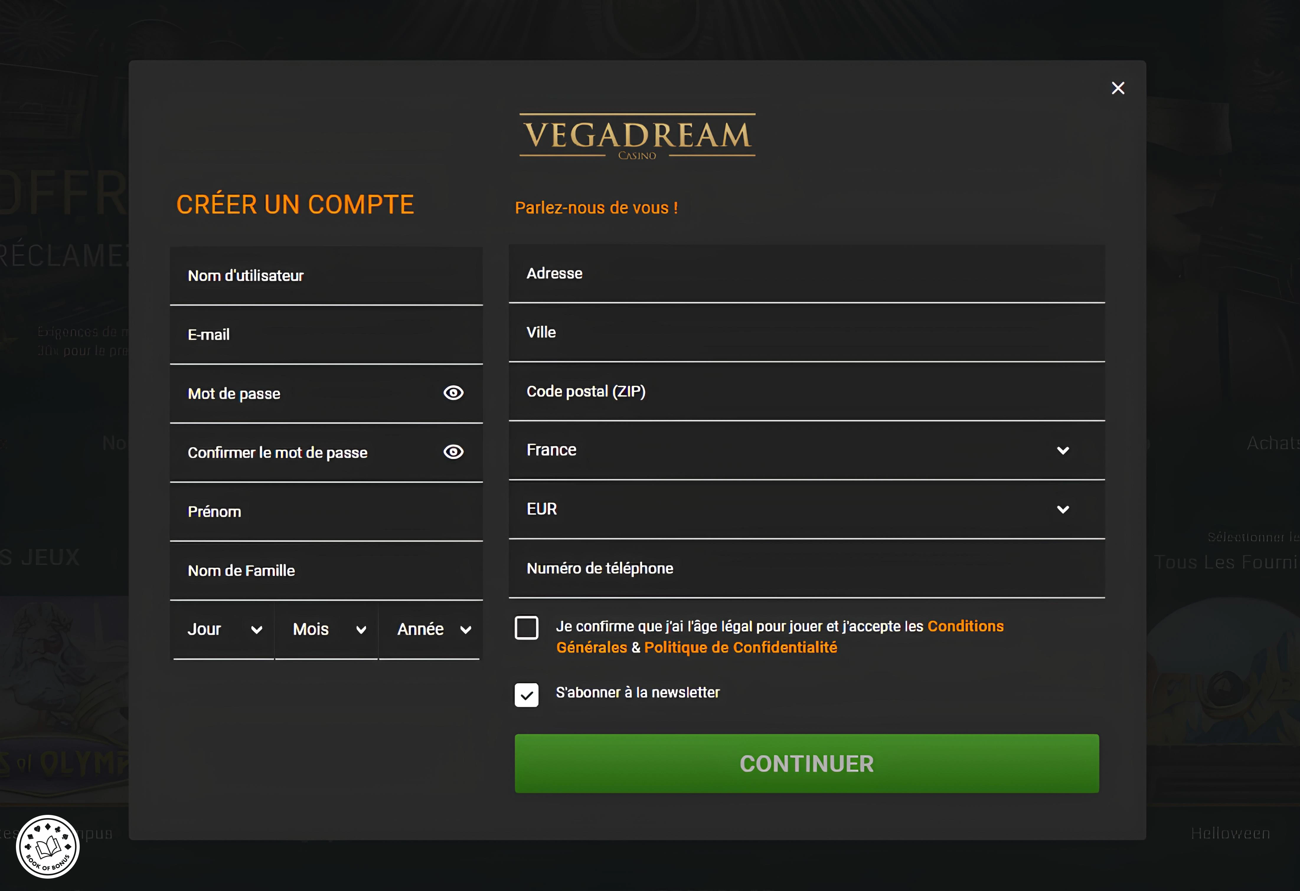 casino vegadream register