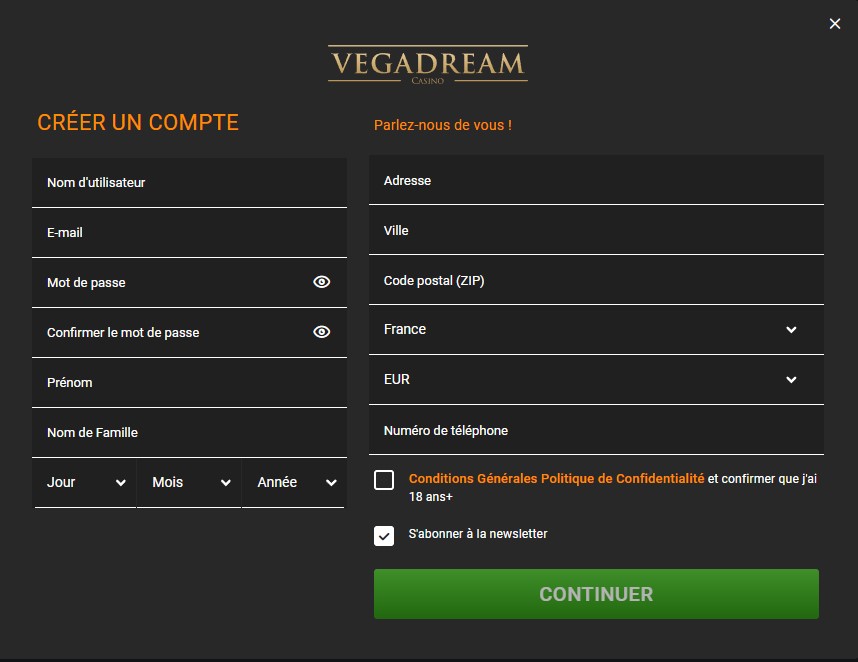 Comment s'inscrire sur le casino en ligne Vegadream Casino ?