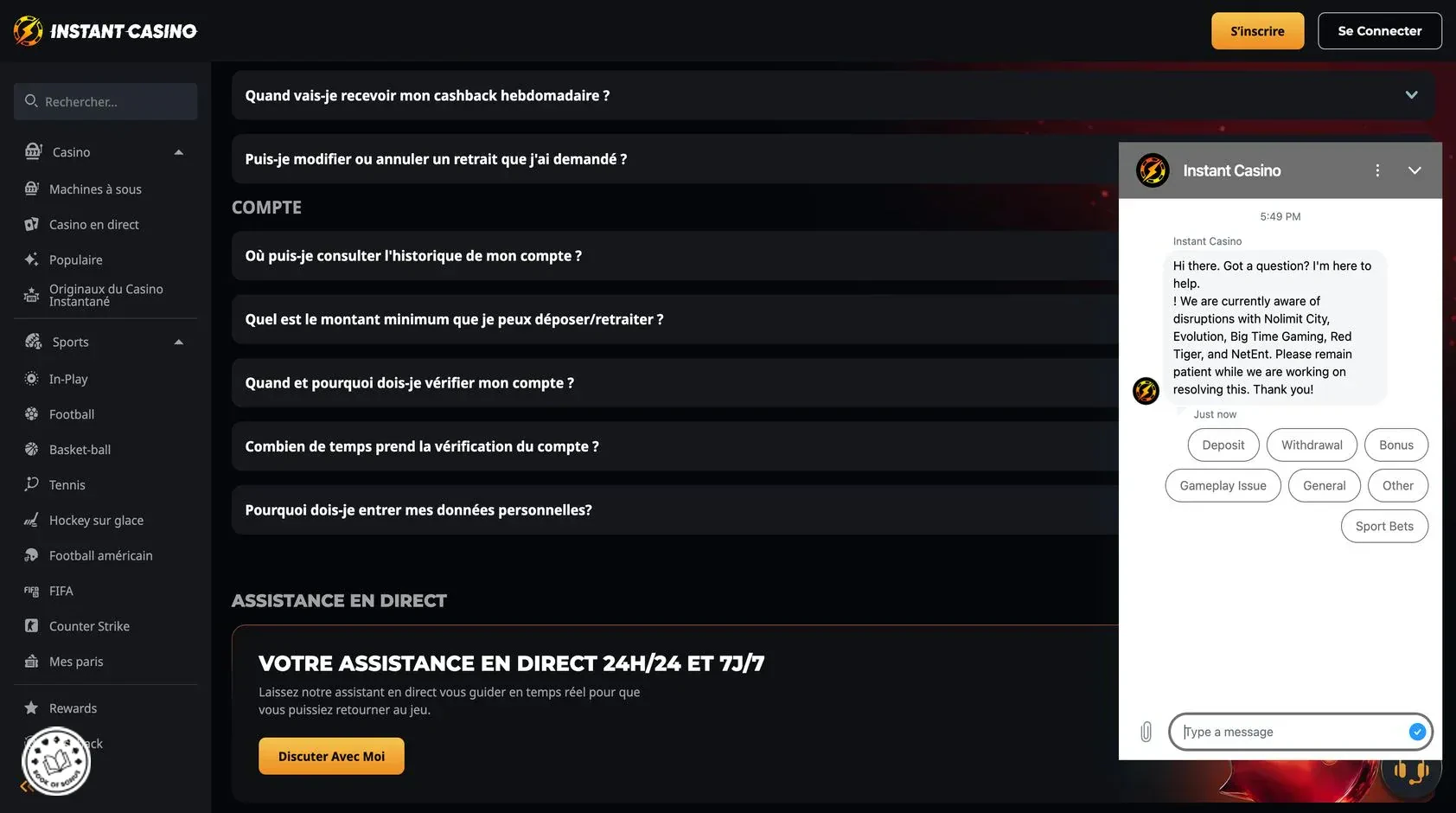 instant casino support client