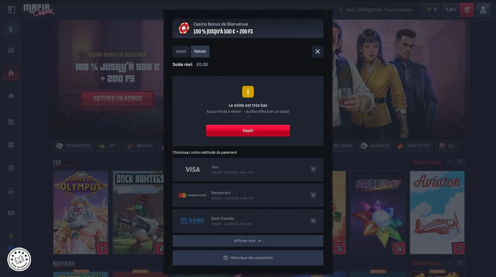 comment retirer sur mafia casino