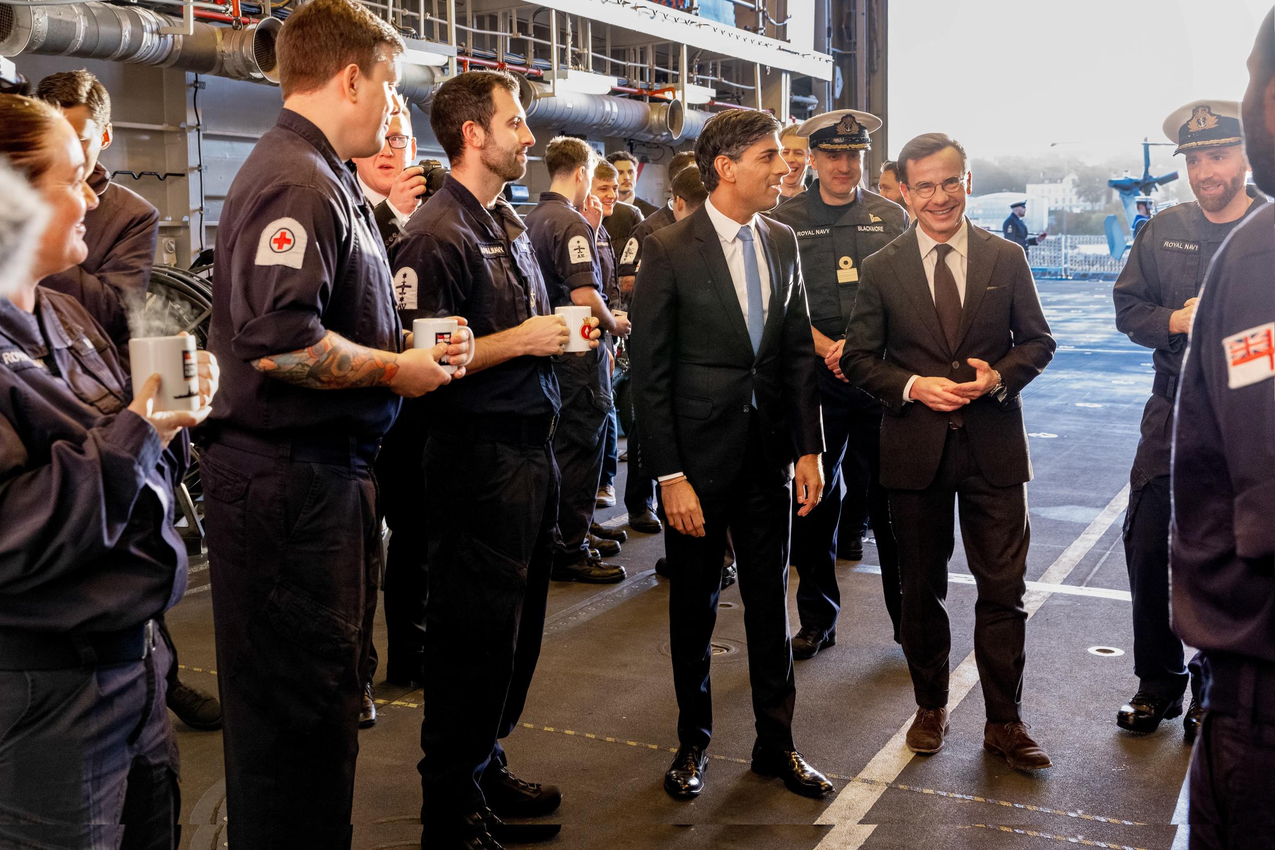 Storbritanniens premiärminister Rishi Sunak välkomnade statsminister Ulf Kristersson ombord HMS Diamond. Foto: Ninni Andersson / Regeringskansliet