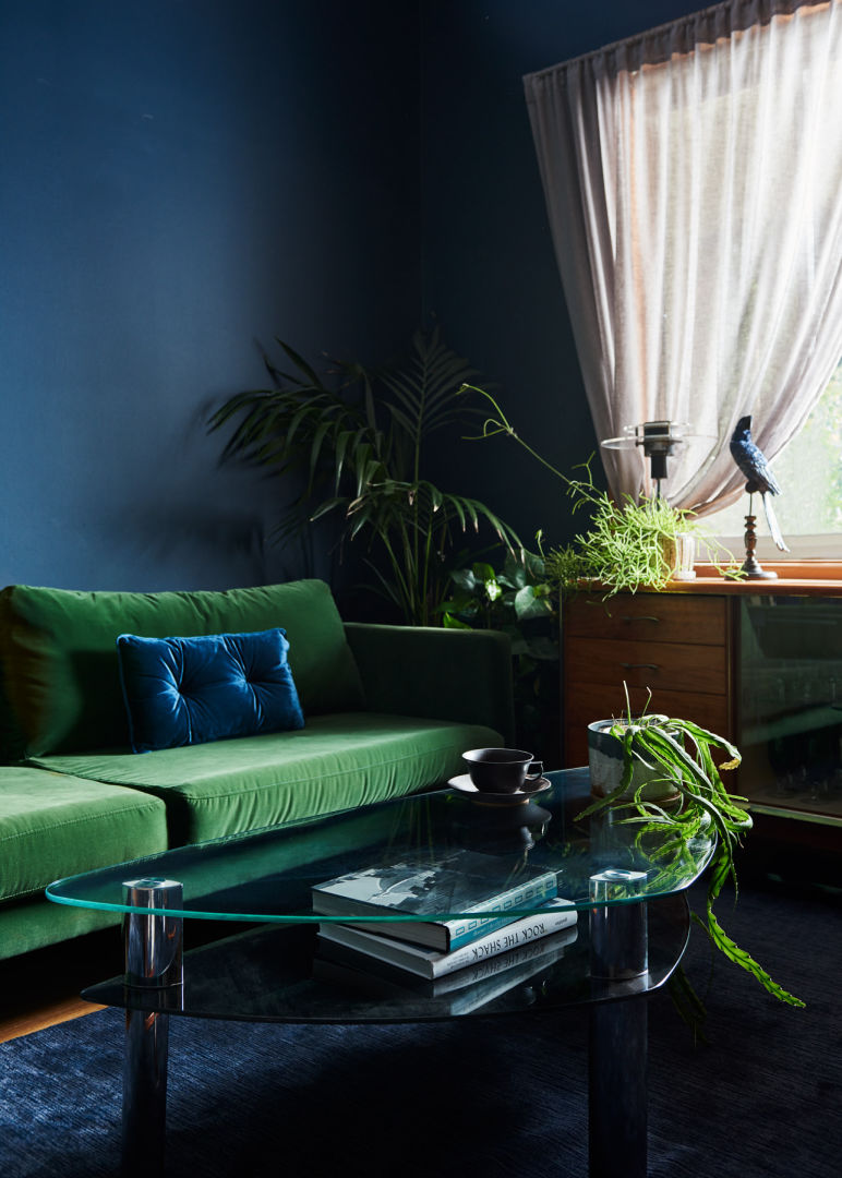 Before & After_blue walls_green velvet couch_hickford