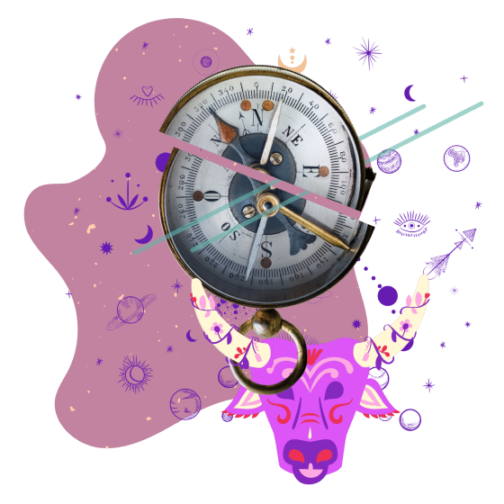 Blob with a timepiece, a purple bull head and various other neat icons and decorations