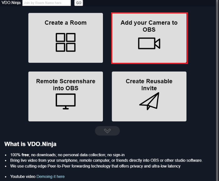2-VDOの「Add your Camera to OBS」
