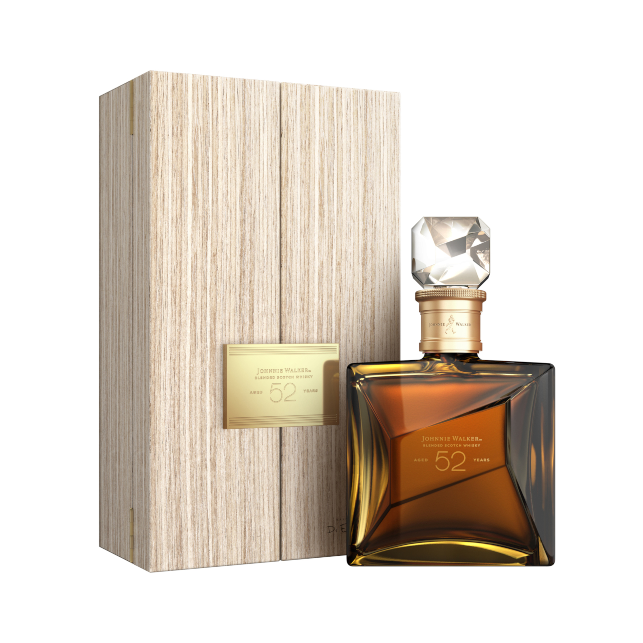 Johnnie Walker 52-year-old Blended Scotch Whisky bottle with a faceted crystal stopper, positioned next to an elegant wooden case.