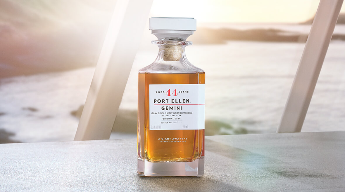 A close-up of a Port Ellen 44-Year-Old 'Gemini' Single Malt Scotch Whisky bottle.