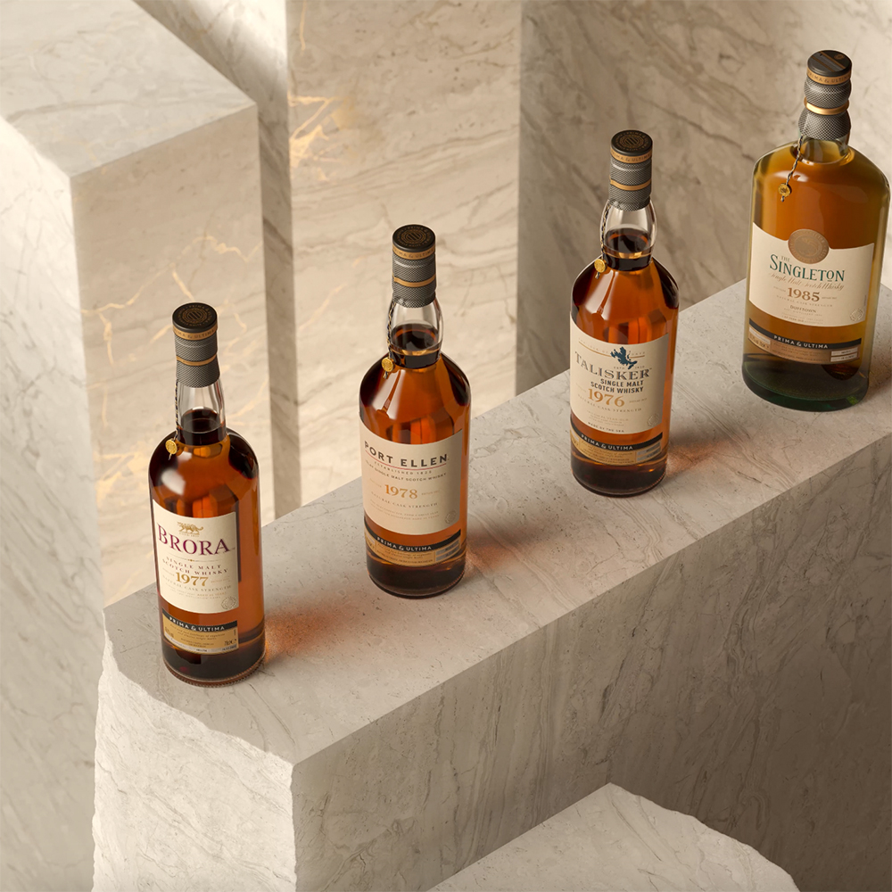 An overhead view of four premium whisky bottles from the Prima & Ultima Fourth Release collection
