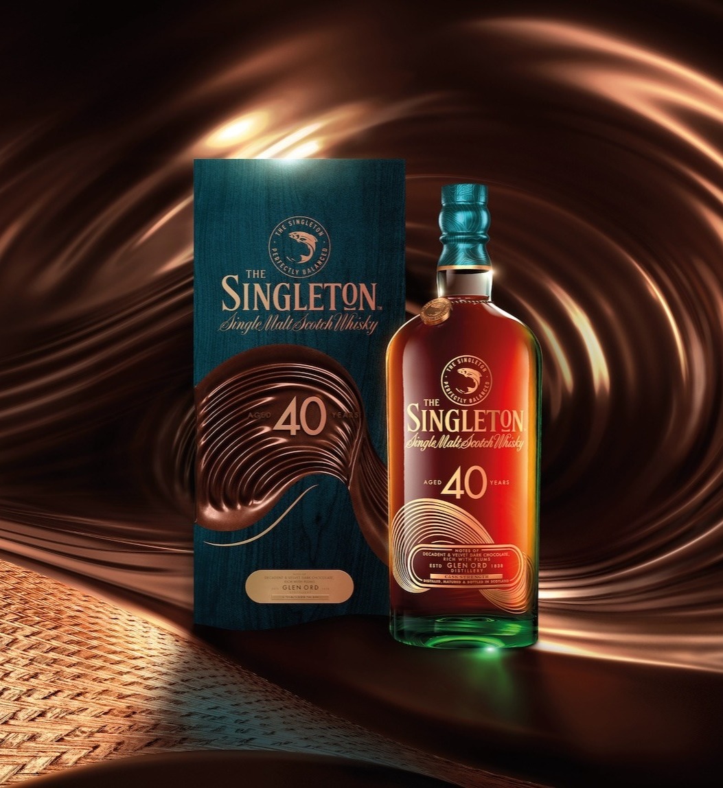 The image features a The Singleton 40 Year Old bottle alongside its elegantly designed packagin