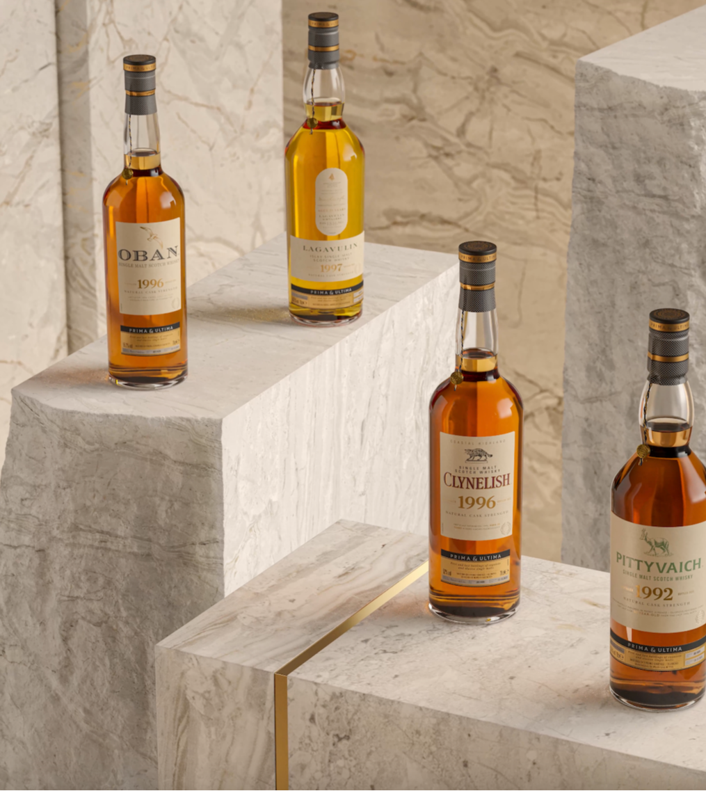 This image displays the Prima Ultima Fourth Release collection of four premium whisky