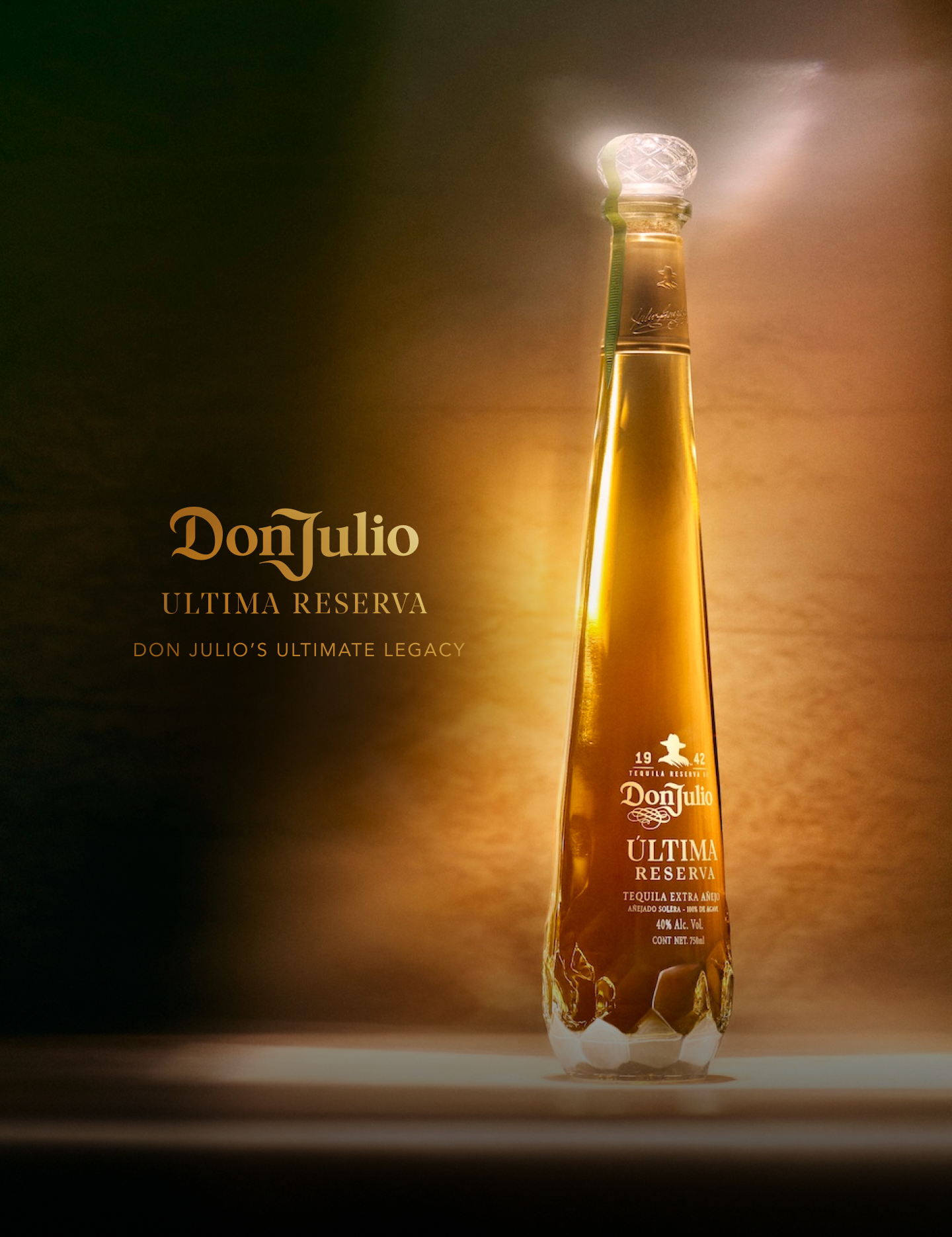 featuring a tall, elegant bottle of Don Julio Última Reserva Tequila, illuminated against a dark background 