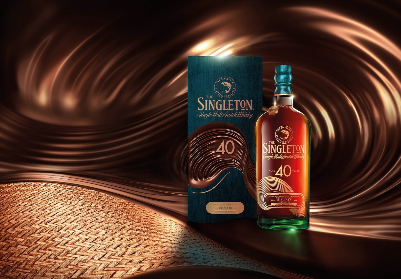 The image features a The Singleton 40 Year Old bottle alongside its elegantly designed packagin