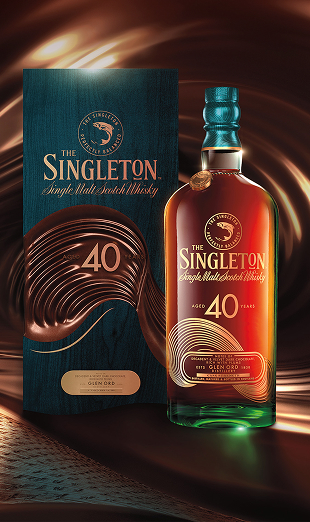 The image showcases a bottle of The Singleton 40-Year-Old Single Malt Scotch Whisky next to its elegant packaging.