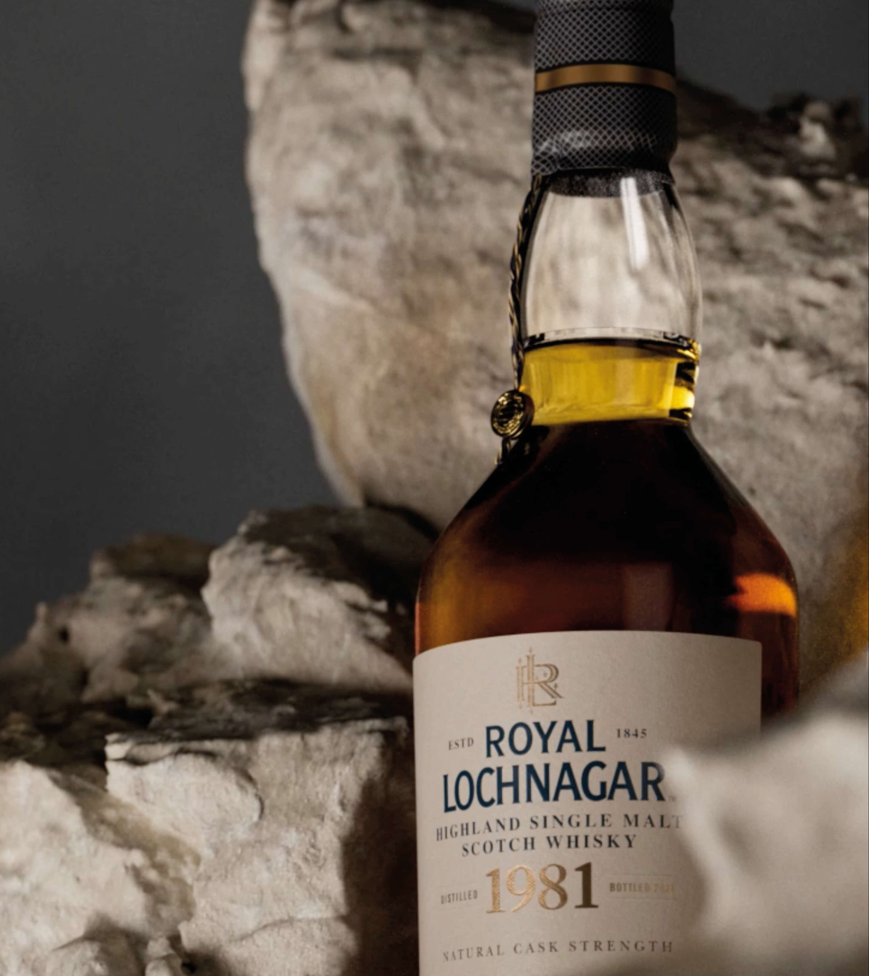 This image showcases a close-up of a Royal Lochnagar 1981 Highland Single Malt Scotch Whisky bottle, elegantly placed in between a bed of rocks