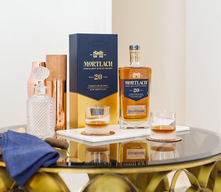 Mortlach 20 Year Old Bottle, box and neat serves in two whisky glasses