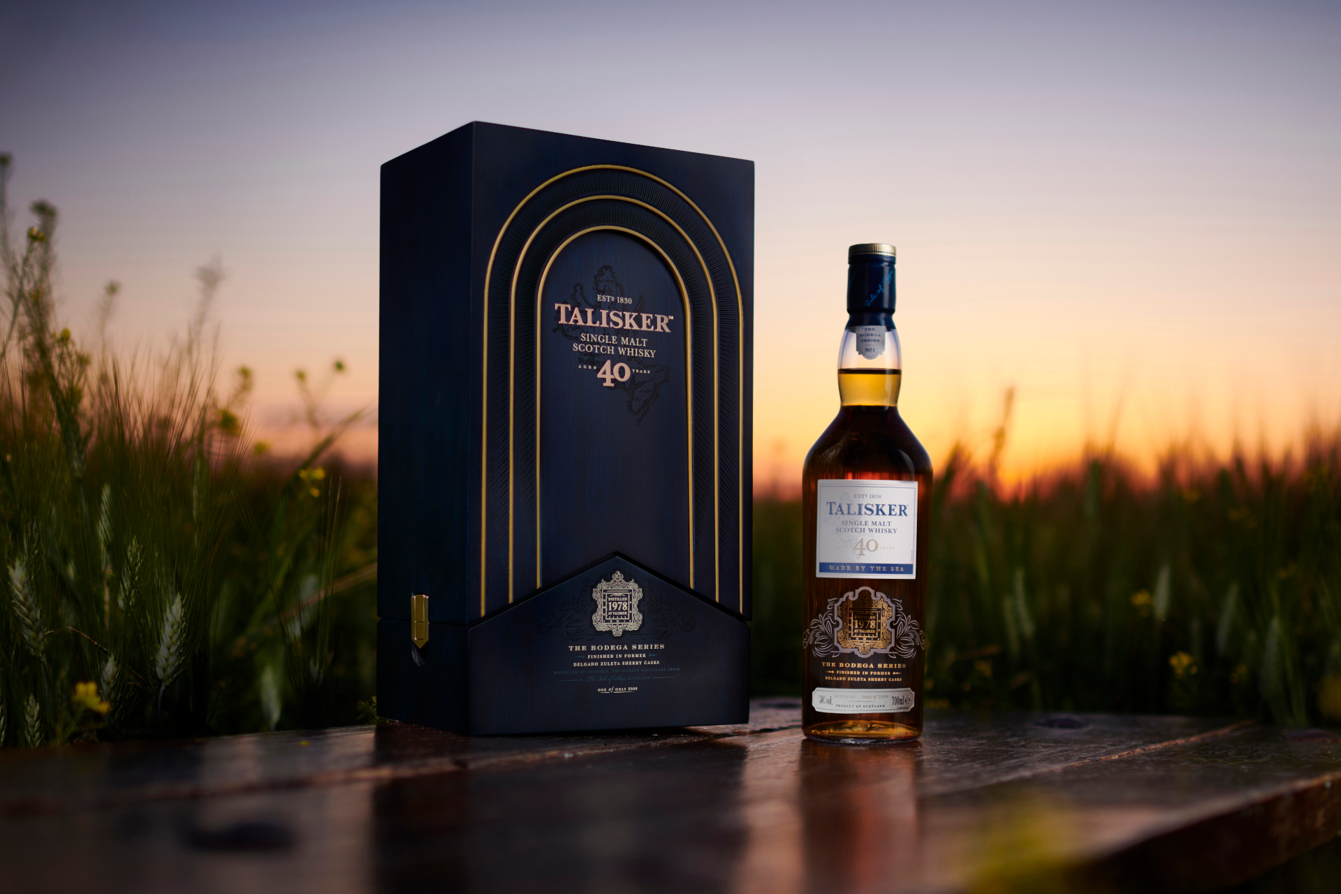 Talisker Bodega 40 Year Old, Single Malt Scotch Whisky Bottle and Box on Grass 