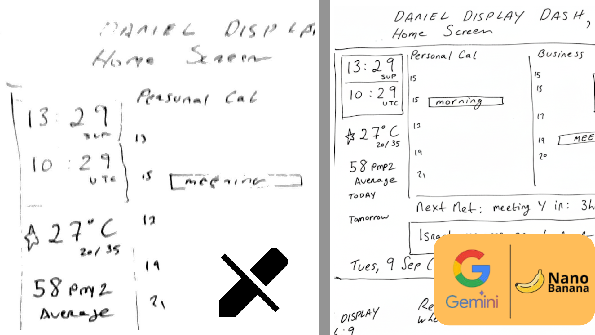 Nano Banana's first pass edit on a raw sketch improving the clarity of the text and boxes
