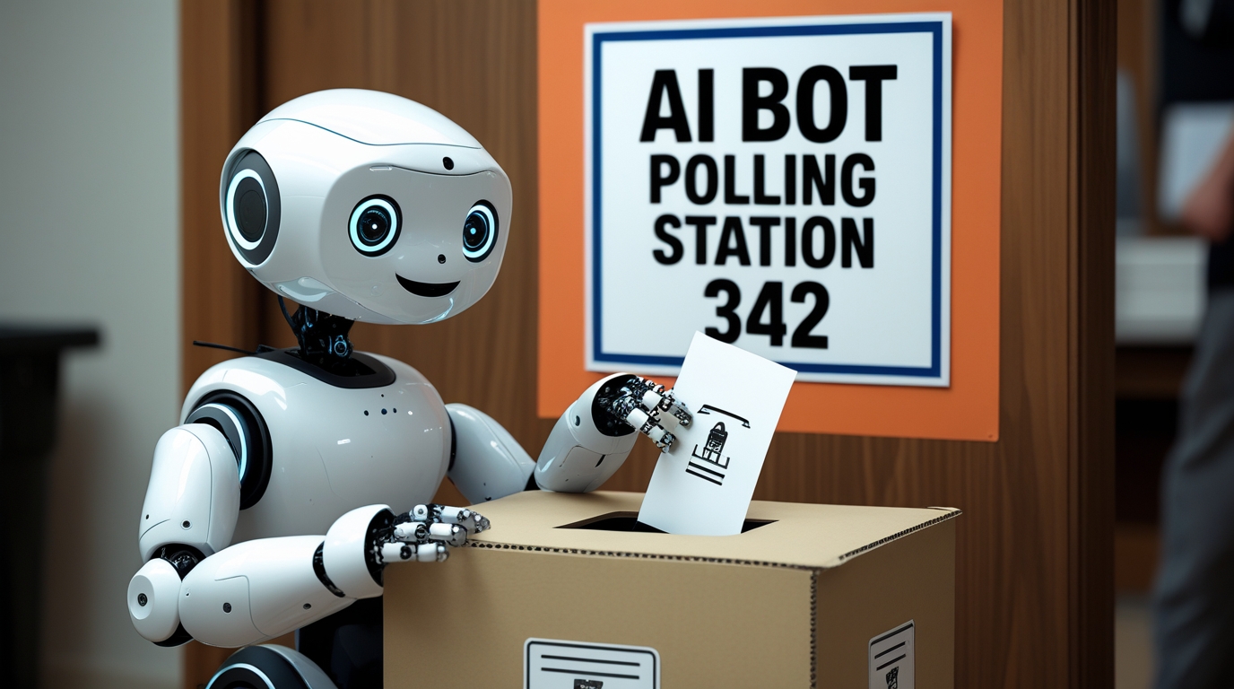 An AI bot "voting" at a polling station. Generation: Leonardo AI / Flux Dev.