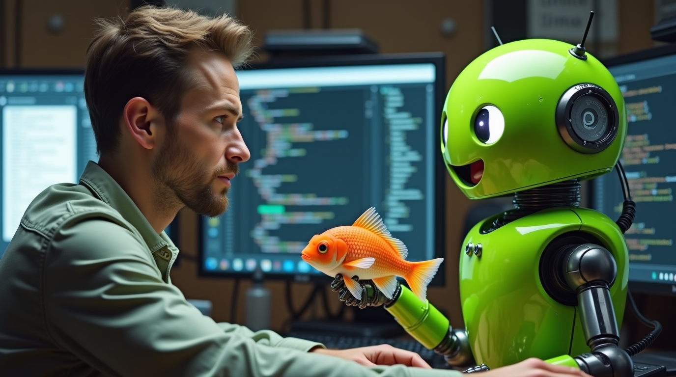 A bot hands a man a fish. Generation: Flux Dev